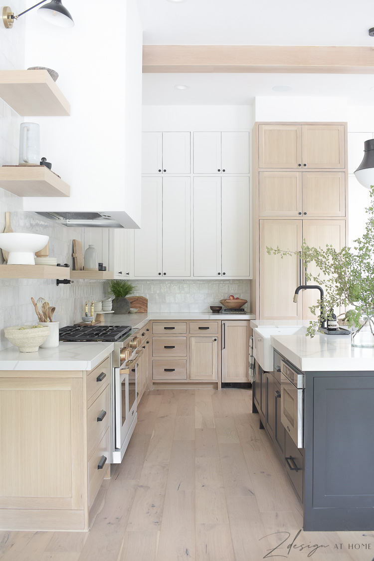 modern farmhouse kitchen with 3 cabinet colors - white, black, white oak 