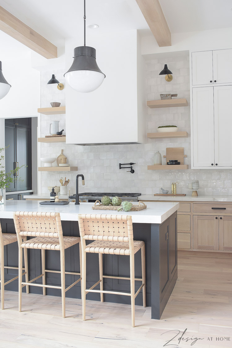 modern farmhouse kitchen with white oak open shelves 