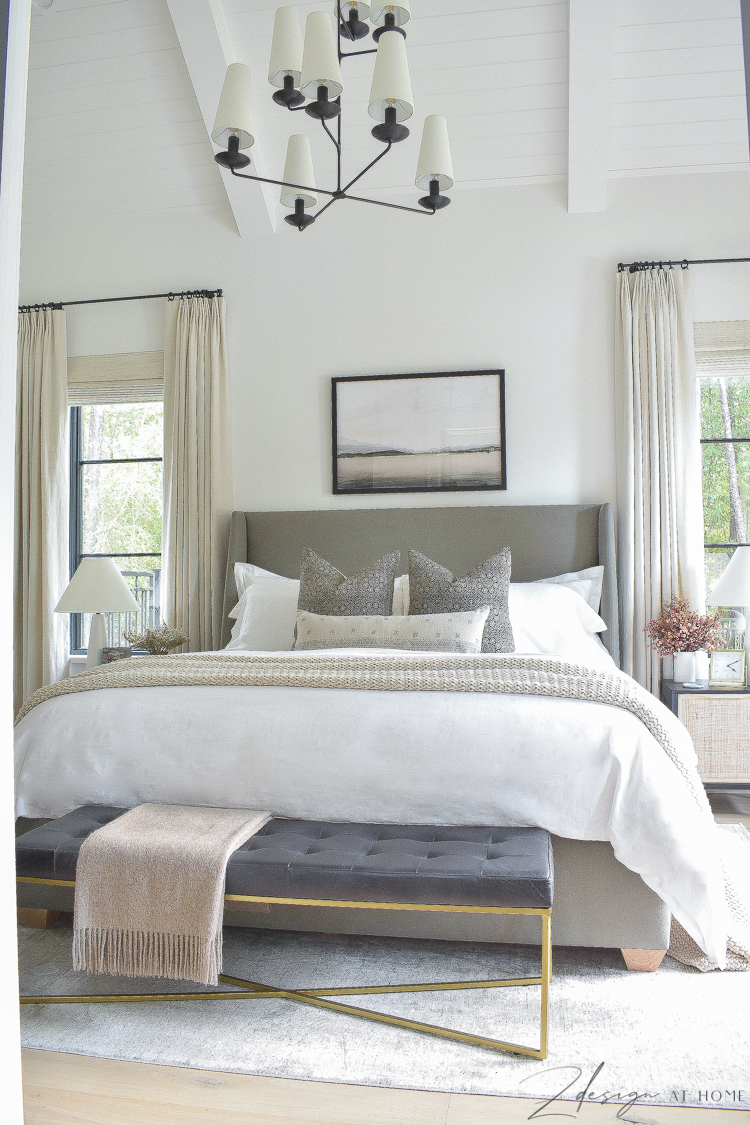 transitional modern farmhouse bedroom with tongue and groove ceilings