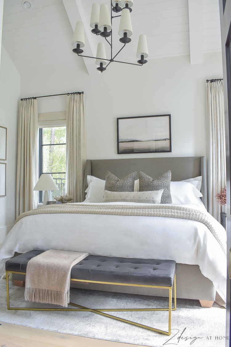 transitional modern farmhouse bedroom with tongue and groove ceilings