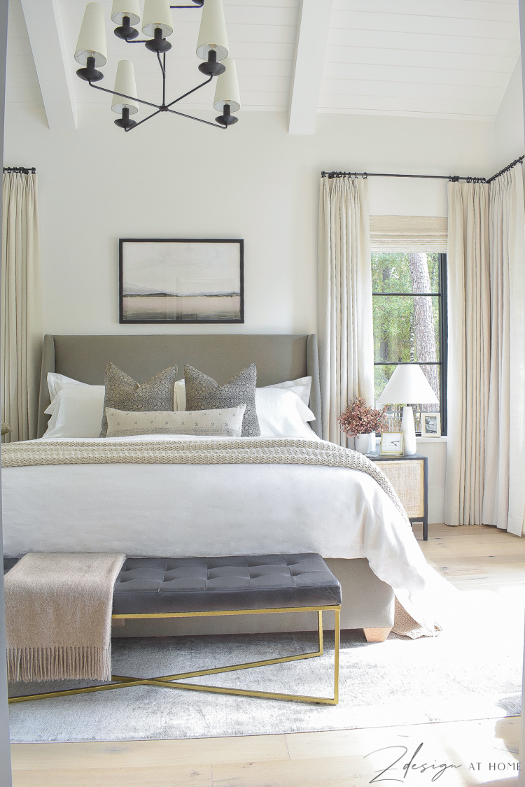 transitional modern farmhouse bedroom with tongue and groove ceilings