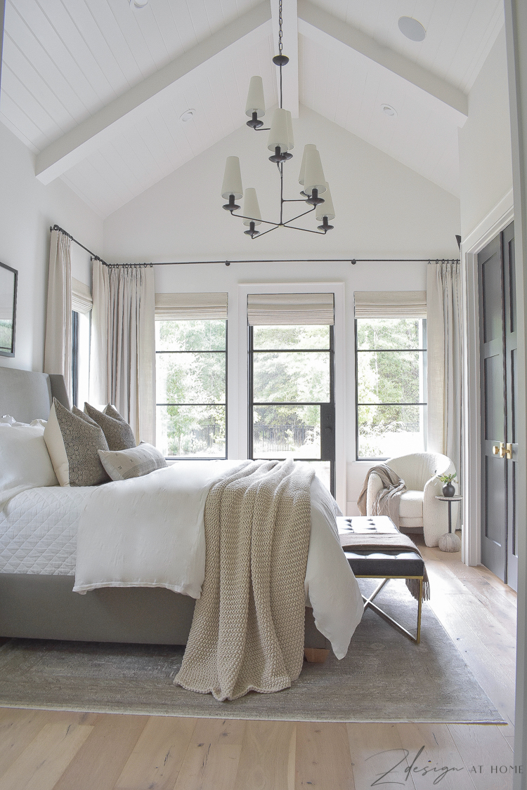 transitional modern farmhouse bedroom with tongue and groove ceilings