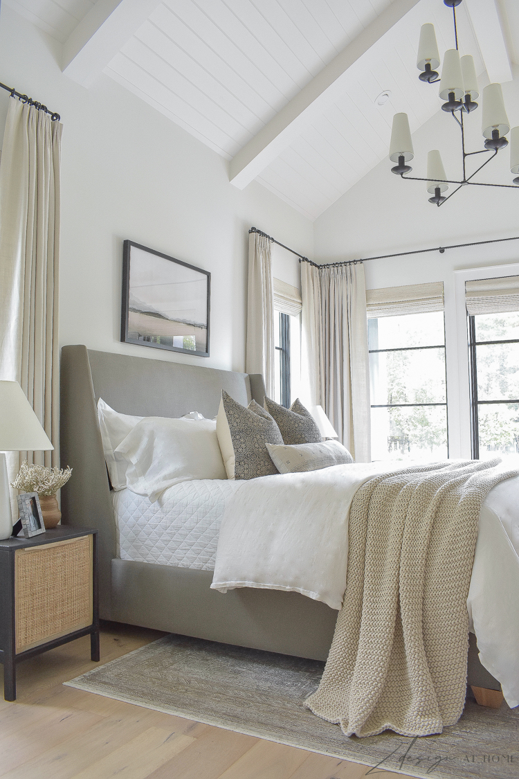 transitional modern farmhouse bedroom with tongue and groove ceilings - fall bedroom decor 