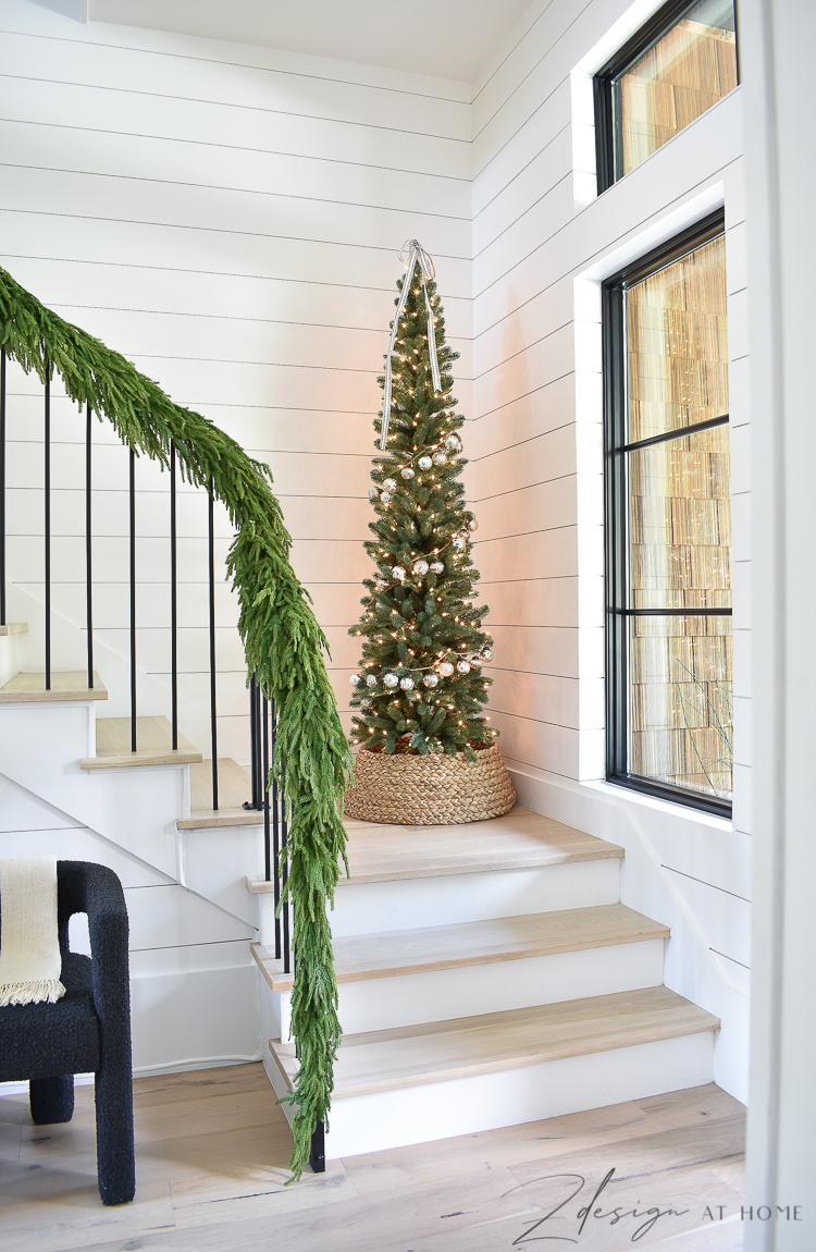 7ft balsam hill slim pencil tree with clear lights and white oak staircase 