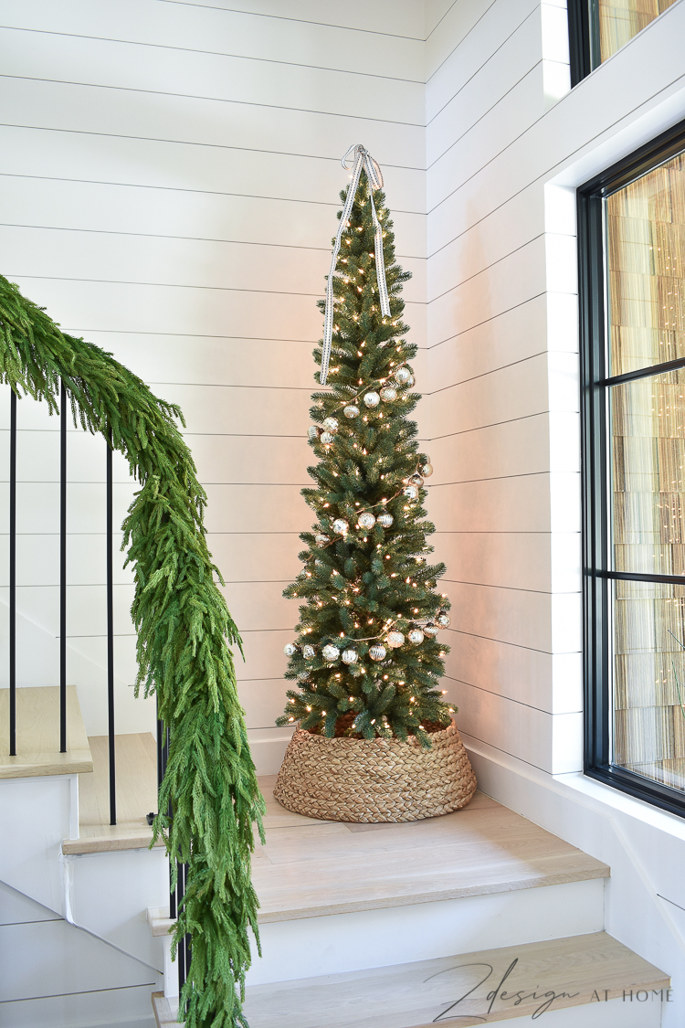 7ft sonoma slim pencil tree decorated for a modern Christmas 