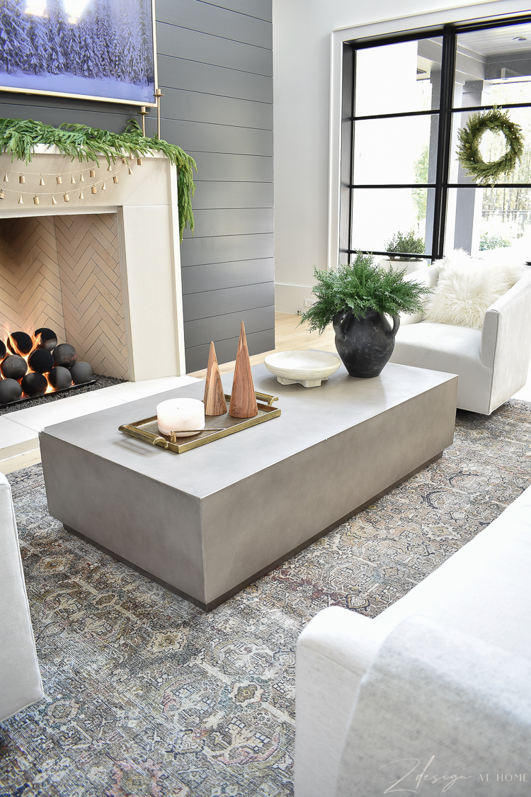 modern christmas decor styled on modern concrete coffee table 