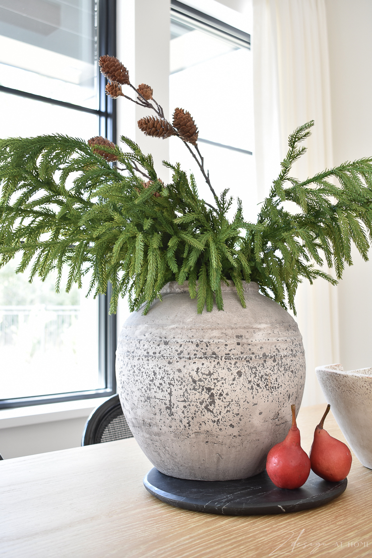 textured gray vase with - christmas holiday centerpiece in modern farmhouse dining room 