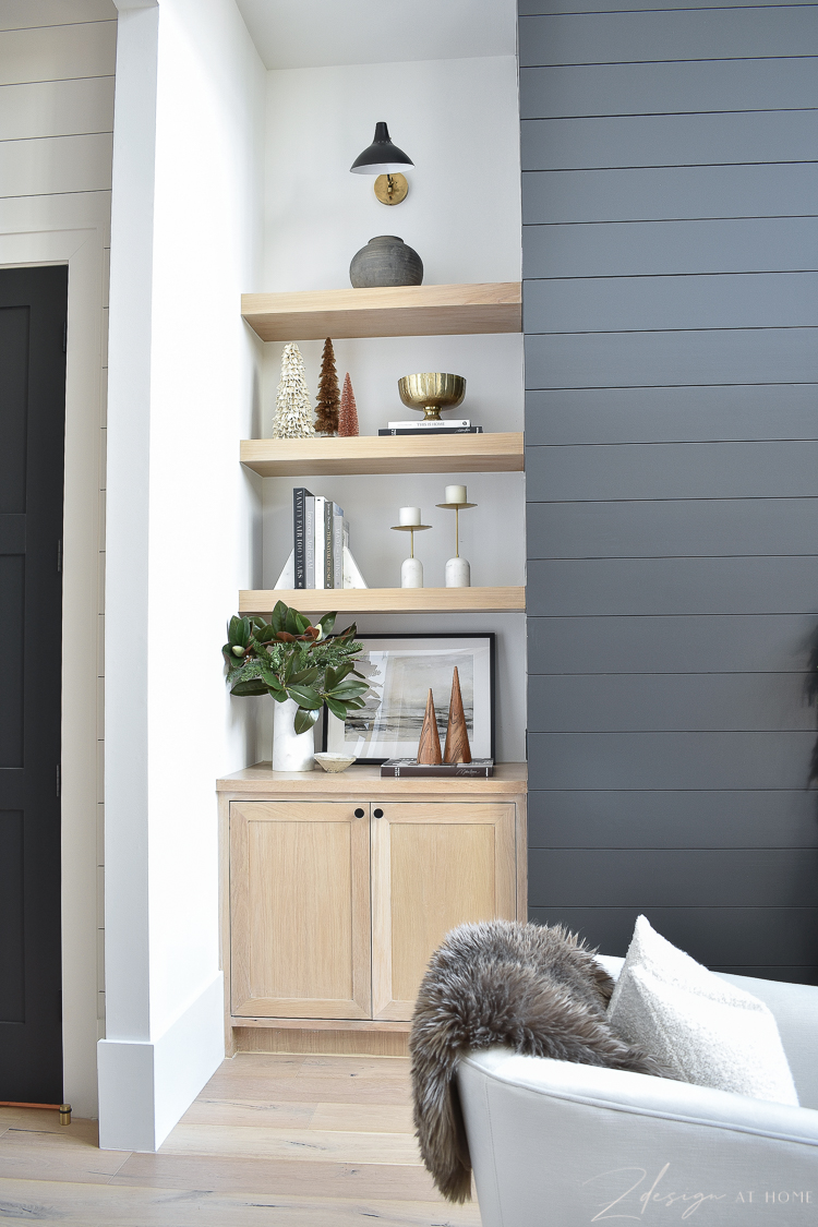 white oak shelves styled for christmas holidays 