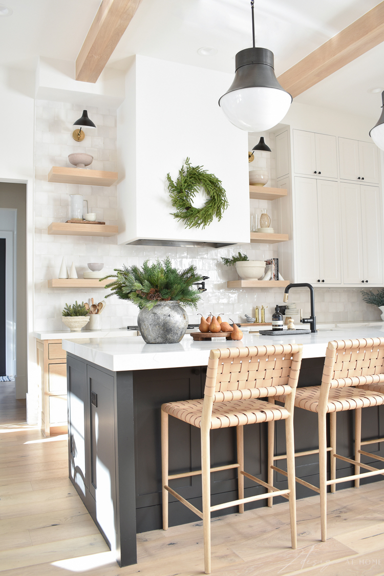 modern Christmas decor in white kitchen