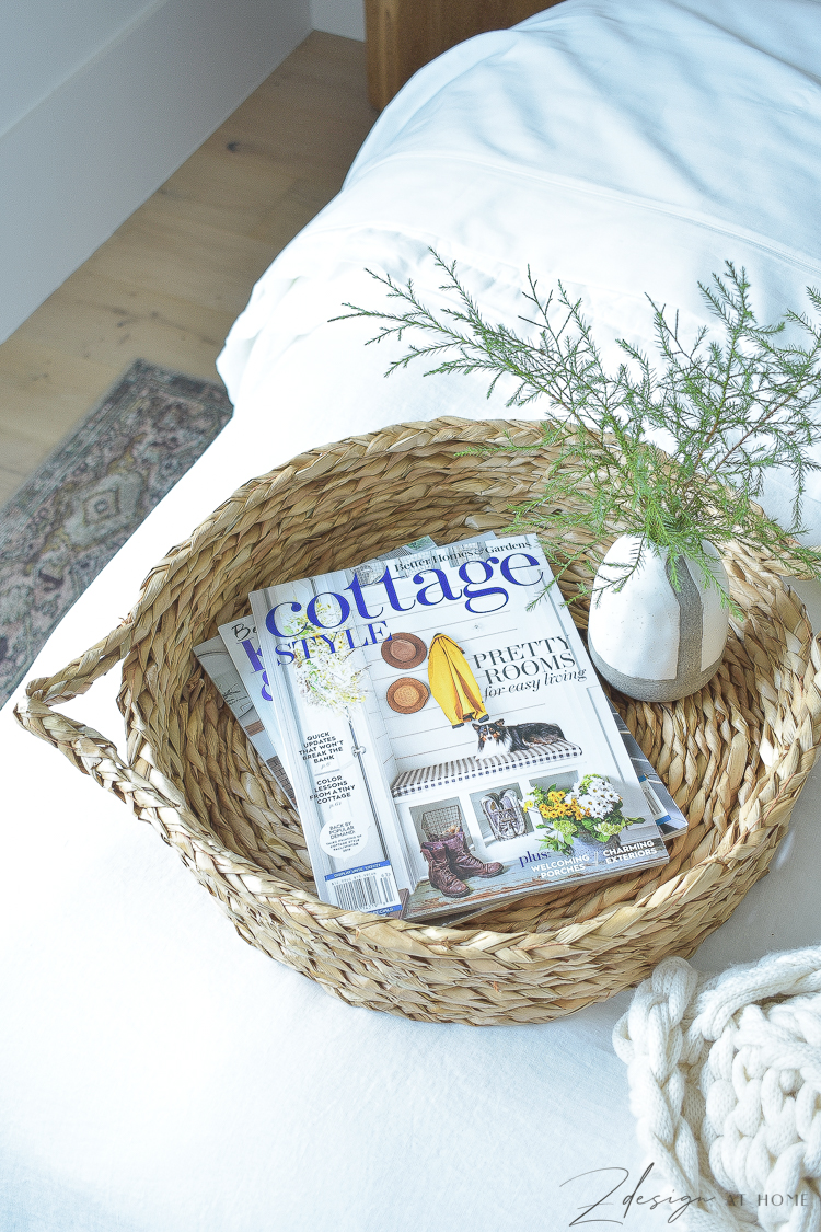 natural woven basket with reading material for guests in guest room from walmart home 