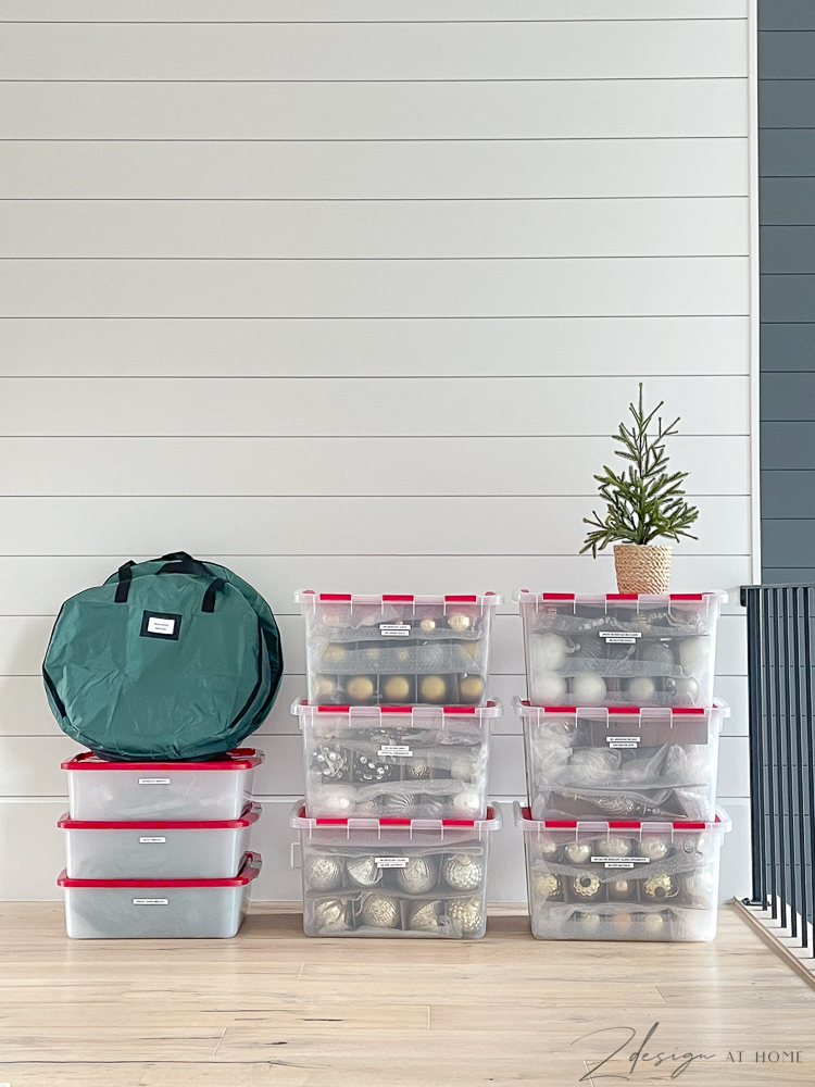 organized christmas decor and ornament bins