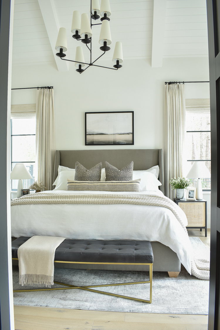 mcgeeandco inspired master bedroom - transitional modern white bedding, contain chandelier 