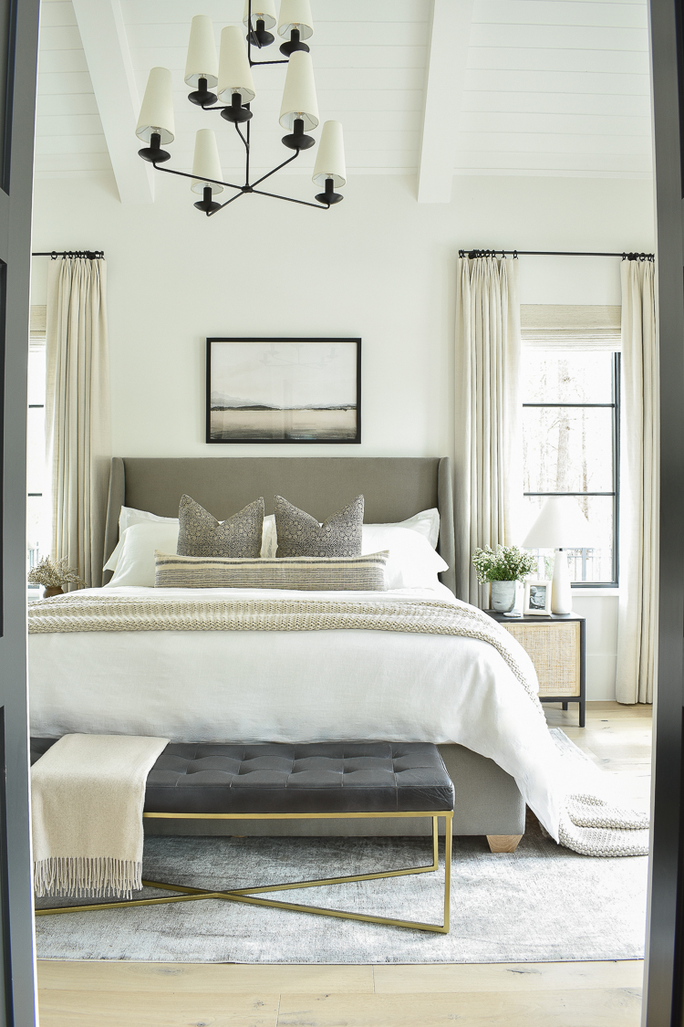 transitional modern bedroom reveal with white bedding inspired by mcgee and co 