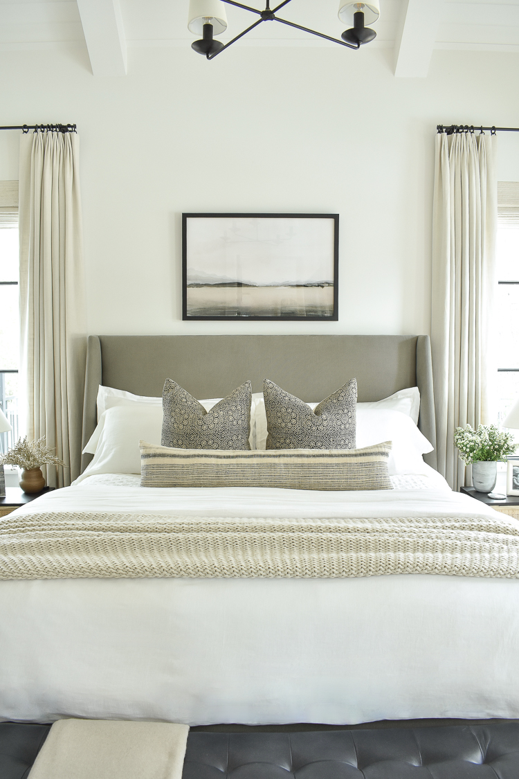 transitional modern bedding with white linen and black and white decorative pillows, mcgee and co Walt bed 