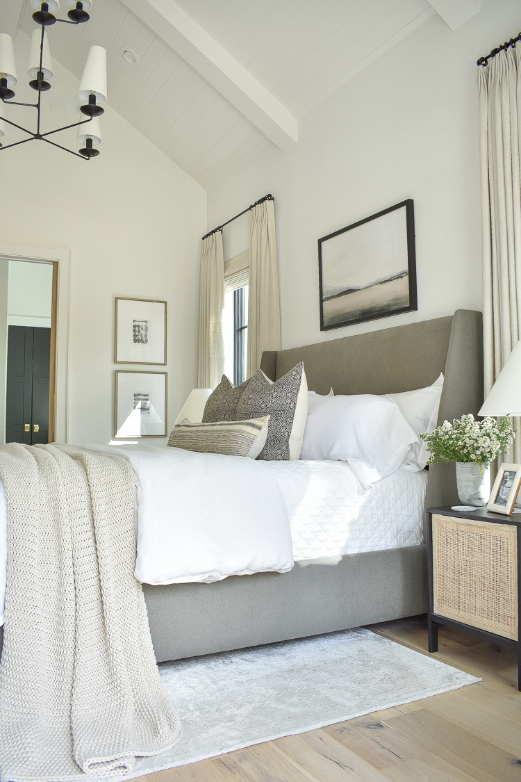 primary bedroom reveal inspired by mcgee and co, walt bed. white bedding and transitional modern style bedroom 