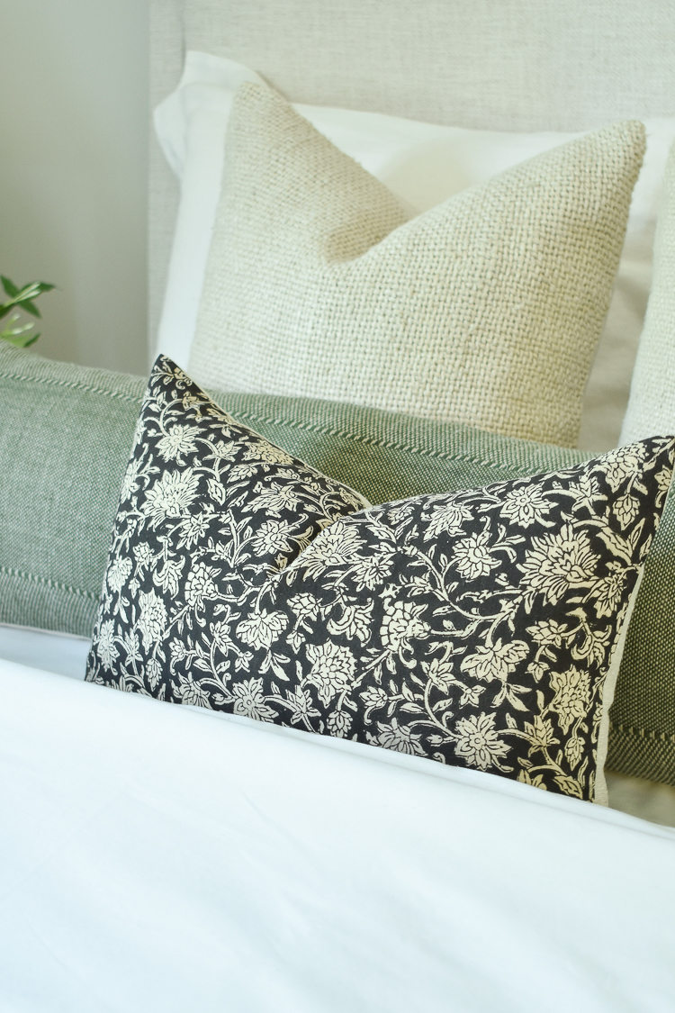 decorative pillows for guest bedroom - textured linen pillow, black floral pillow