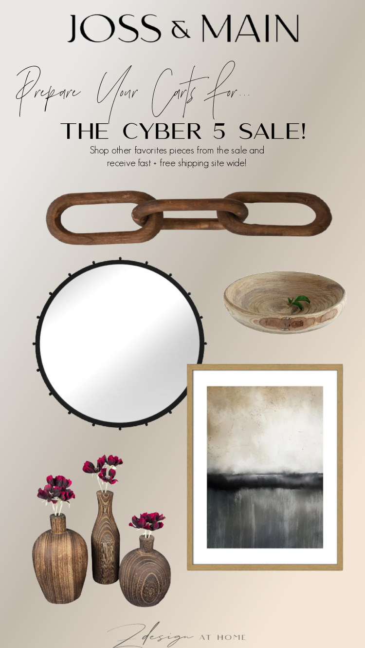 joss & main cyber 5 sale - black white canvas art abstract, round mirror, wooden accessory chain, wooden bowl 