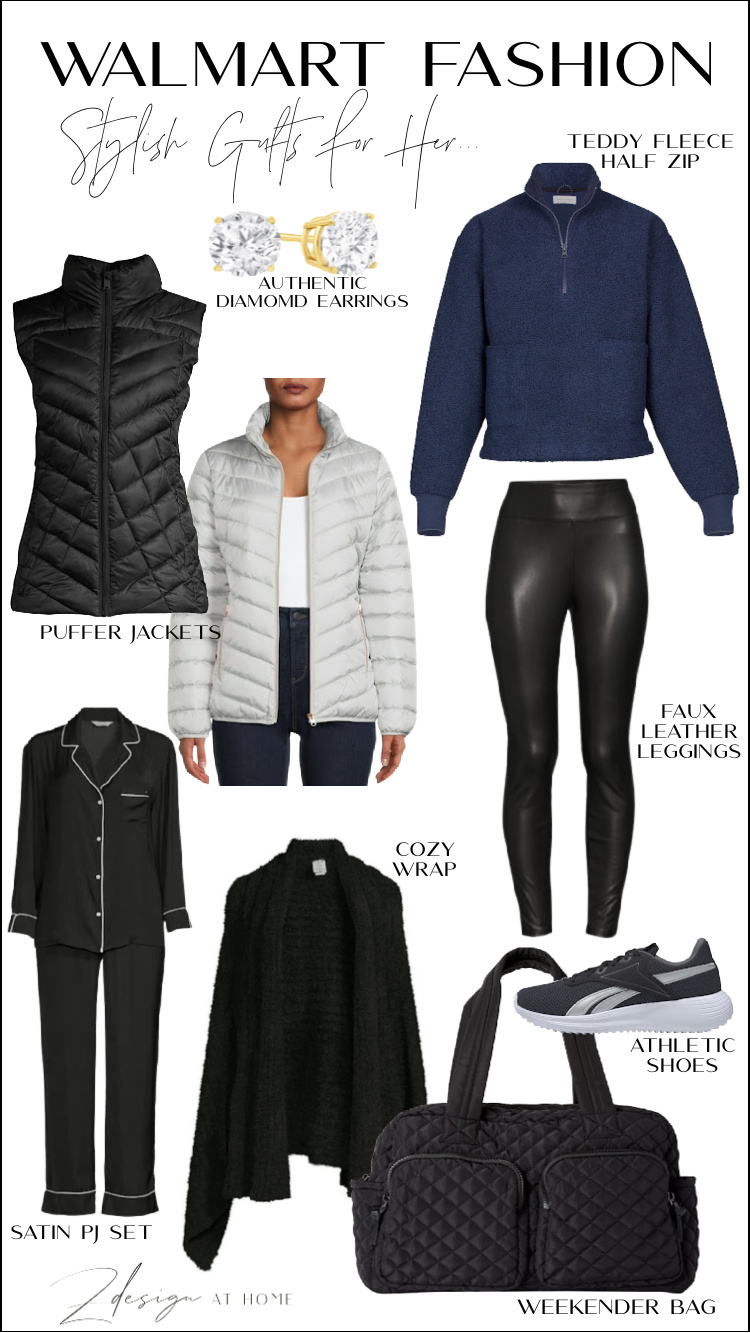 Walmart Fashion Gift Ideas for Her - faux leather pants, weekender bag, puffer jackets and silk pjs