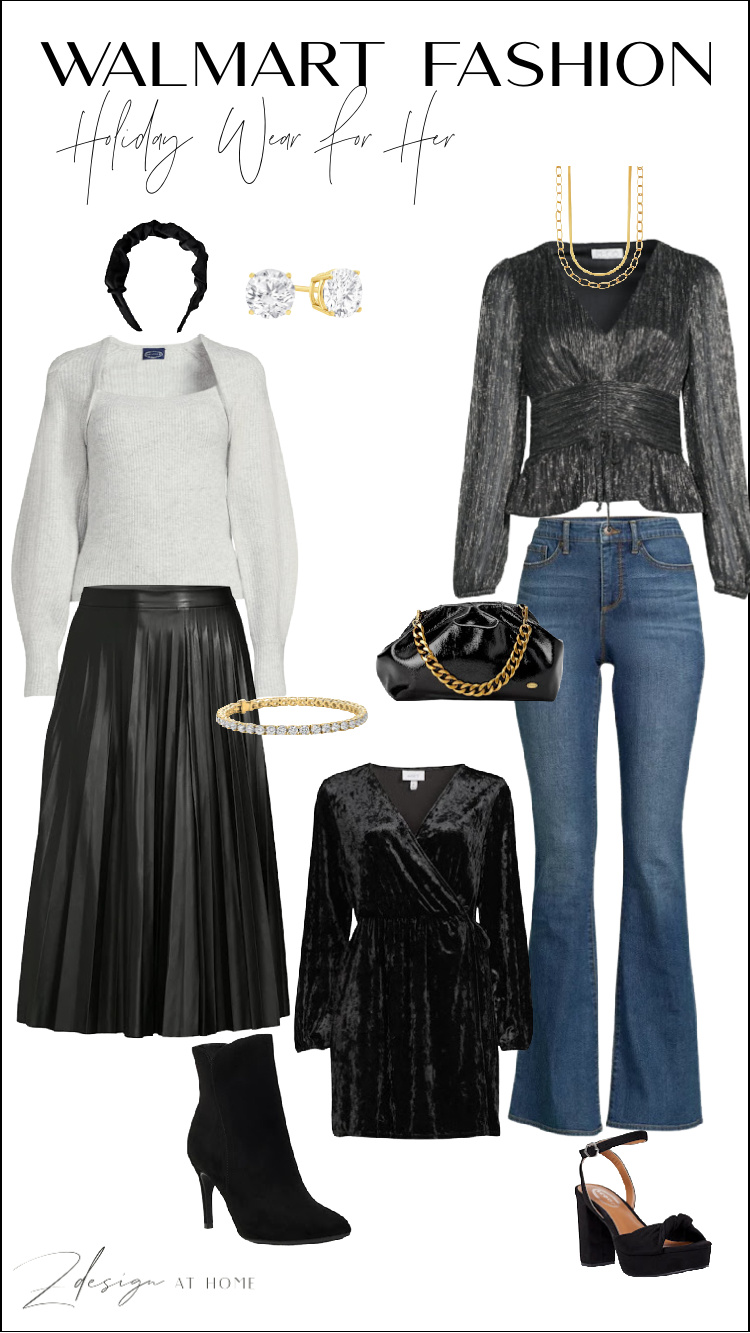 Walmart Fashion Holiday Wear - pleated leather skirt, crushed velvet dress, black patton purse with gold chain