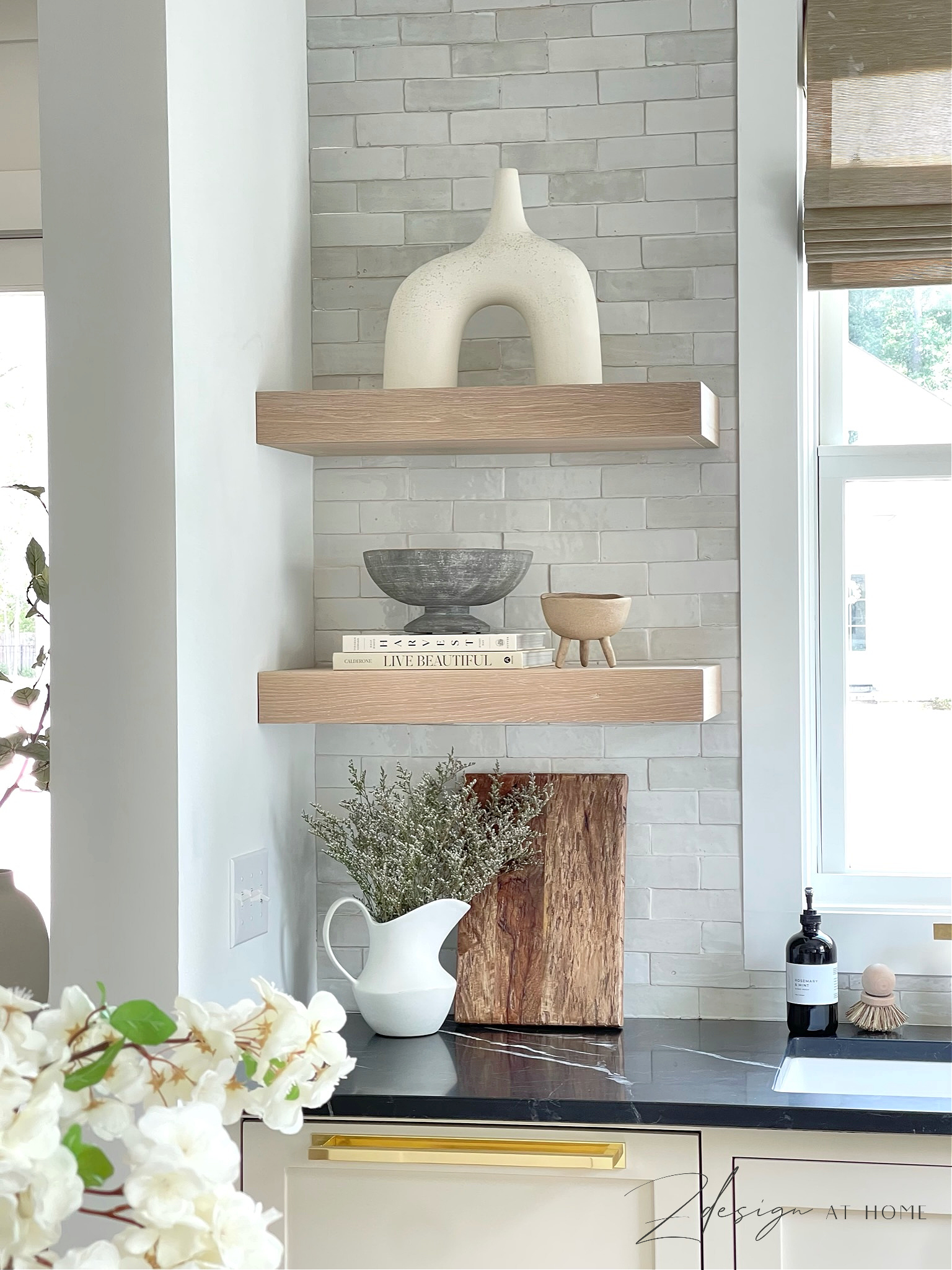 english cottage kitchen with styled open shelves and zellige tile backsplash