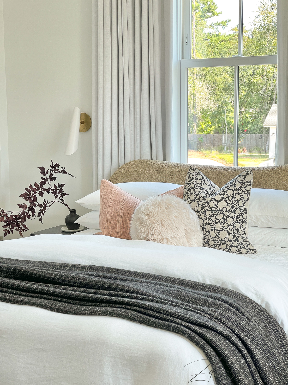 transitional modern bedding in guest room decor, boucle bed 