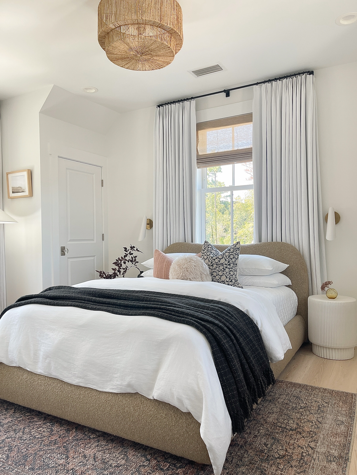 cottage transitional modern guest bedroom reveal with neutral bedding and white linen custom curtains 