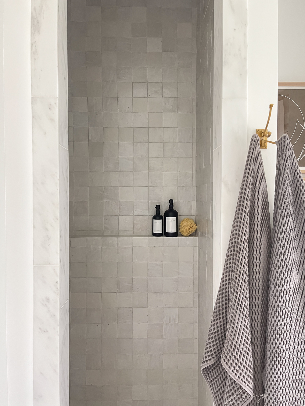 zellige weathered white tile shower