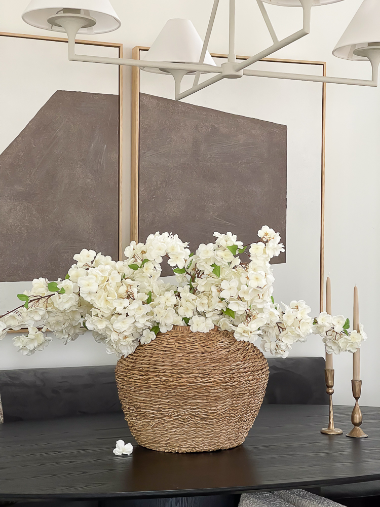 Spring faux cherry blossoms and how to style them in rattan vase